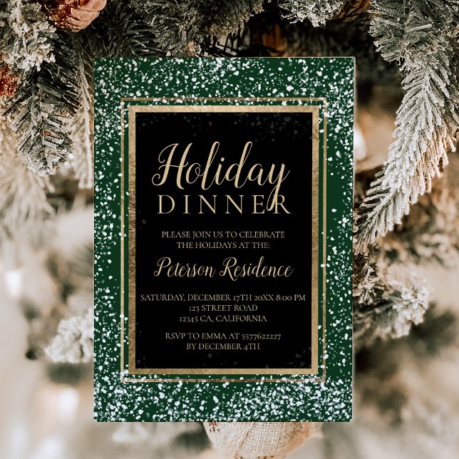 Chic guld typografi snö julfest grönt inbjudningar (Chic gold typography snow holiday party green invitation)