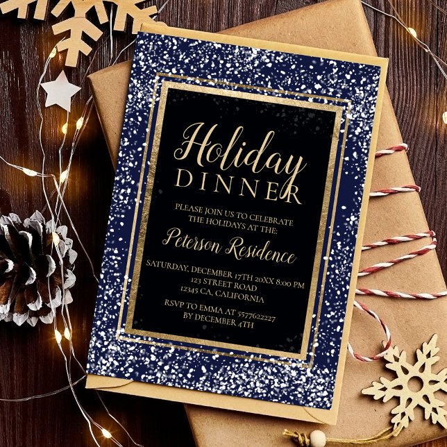 Chic guld typografi snö julfest marin inbjudningar (Chic gold typography snow holiday party navy invitation)