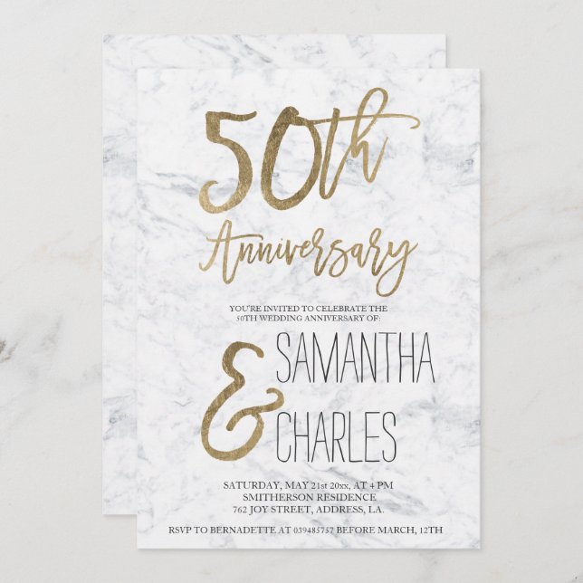 Chic Guld typografi, vit marmor 50-årsdagen Inbjudningar (Fram/baksida)