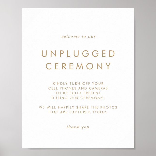 Chic Guld Typography Unplugged Ceremony Sign Poster (Framsidan)