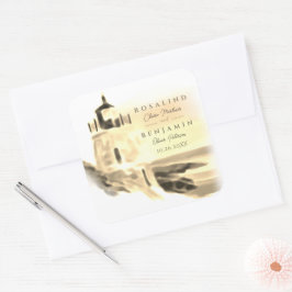 Chic Guld Watercolor Lighthouse-skript Bröllop Fyrkantigt Klistermärke