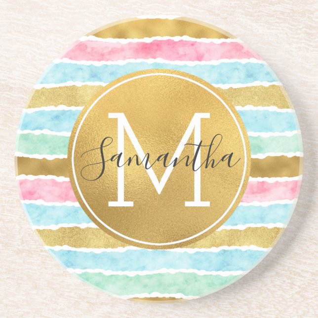 Chic Guld Watercolor Rand Monogram Underlägg (Framsidan)