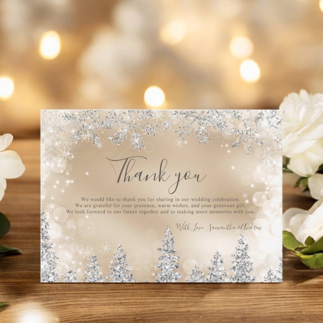 Chic guld Winter silver snö gräs bröllop i Tack Kort (Chic gold Winter silver snow pine wedding Thank You Card)