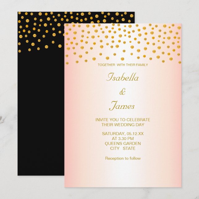 Chic guldconfetti på svart och roséguld inbjudningar (Fram/baksida)