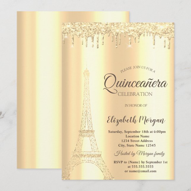 Chic guldglitter Eiffeltorn,Dryper Quinceañera Inbjudningar (Fram/baksida)