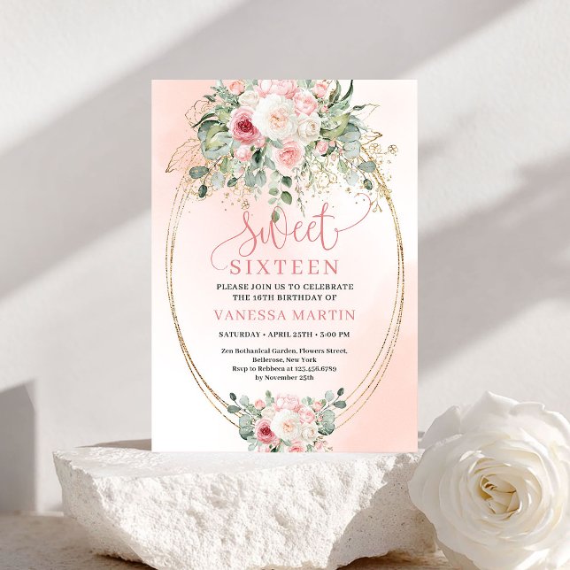 Chic guldrosor för Sweet 16 födelsedagsinbjudan Inbjudningar (Chic Gold Blush Roses Sweet 16 Birthday Invitation)