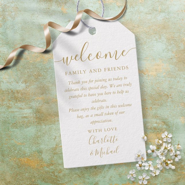 Chic guldskrift bröllopsgåva välkomstkorg påse presentetikett (Chic Gold Script Wedding Favor Welcome Basket Bag Gift Tags)