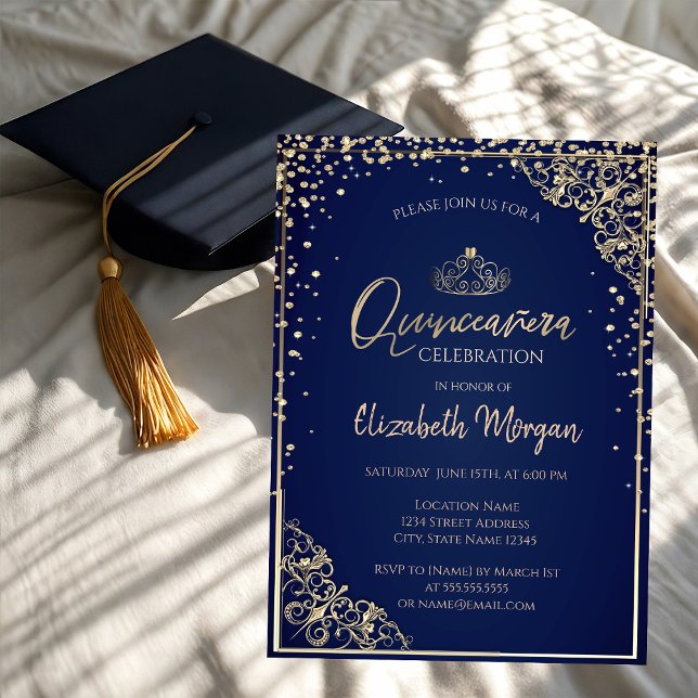 Chic guldtiara, diamanter blå Quinceañera   Inbjudningar (Skapare uppladdad)