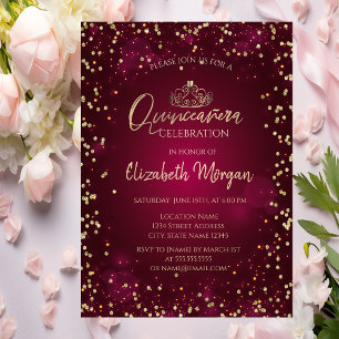 Chic guldtiara, diamanter burgunderröd Quinceañera Inbjudningar