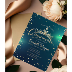 Chic guldtiara, diamanter Grön Quinceañera Inbjudningar