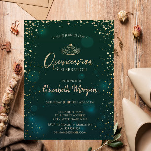 Chic guldtiara, diamanter Grön Quinceañera Inbjudningar