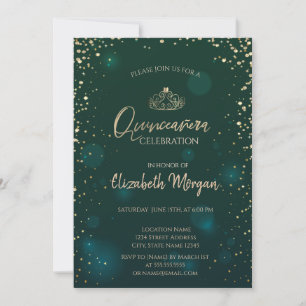 Chic guldtiara, diamanter Grön Quinceañera Inbjudningar