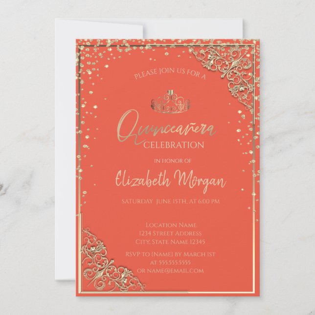 Chic guldtiara, diamanter Orange Quinceañera Inbjudningar (Framsida)
