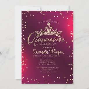 Chic guldtiara, diamanter Röd Quinceañera  Inbjudningar