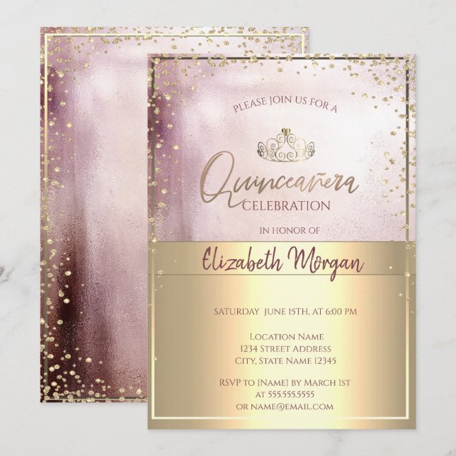 Chic guldtiara, diamanter Rosa guld Quinceañera Inbjudningar (Fram/baksida)