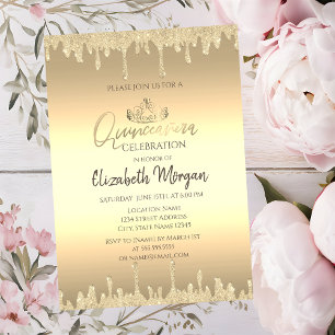 Chic guldtiara, Glitter Drips Guld Quinceañera Inbjudningar