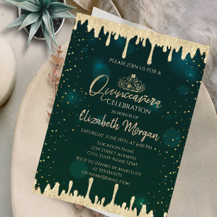 Chic guldtiara, glitterdroppar Grön Quinceañera  Inbjudningar