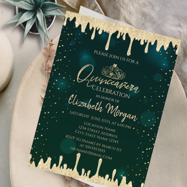 Chic guldtiara, glitterdroppar Grön Quinceañera  Inbjudningar (Skapare uppladdad)