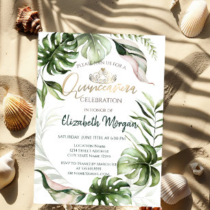 Chic guldtiara Tropiska blad Quinceañera Inbjudningar
