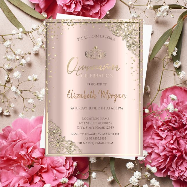 Chic guldtjuvkrans, diamanter Roséguld Quinceañera Inbjudningar (Skapare uppladdad)