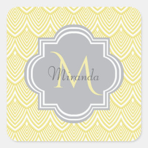 Chic Gult Art Deco Scallops Grått Monogram Namn Fyrkantigt Klistermärke