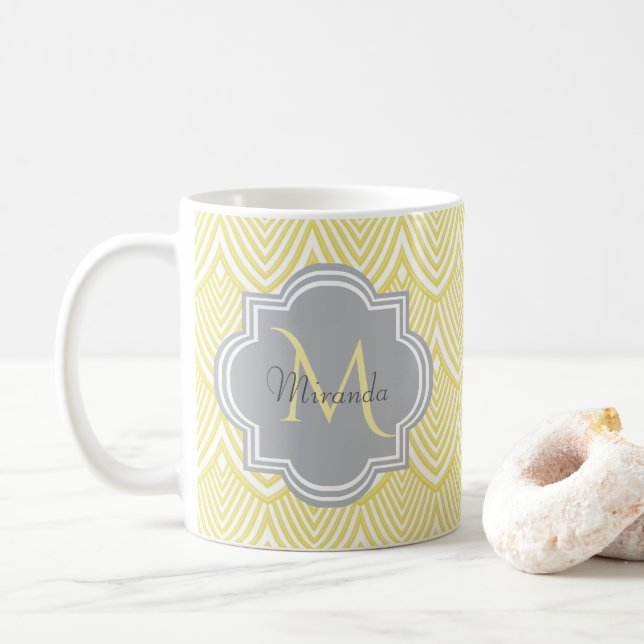 Chic Gult Art Deco Scallops Grått Monogram Namn Kaffemugg (Med munk)