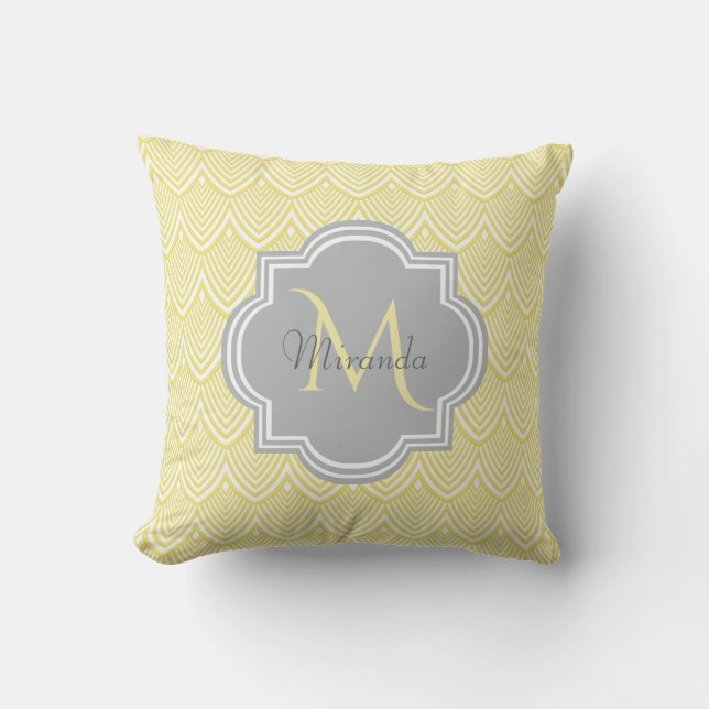 Chic Gult Art Deco Scallops Grått Monogram Namn Kudde (Framsida)