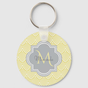 Chic Gult Art Deco Scallops Grått Monogram Namn Nyckelring