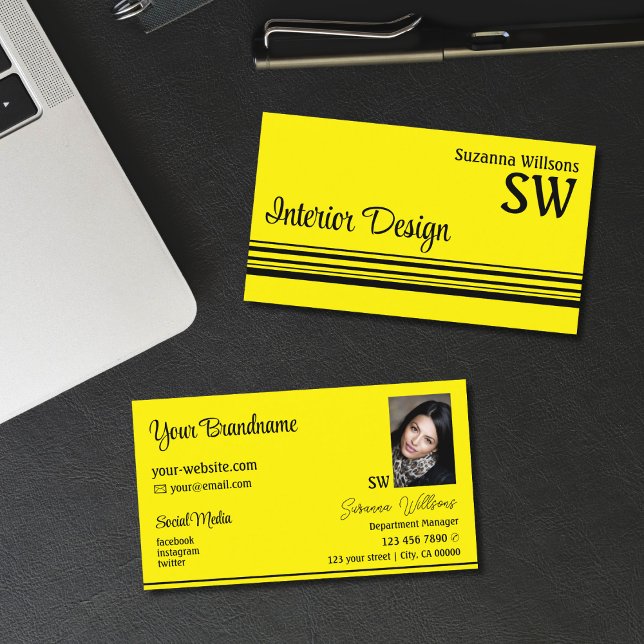 Chic Gult Black Rand med Monogram och Photo Visitkort (Skapare uppladdad)