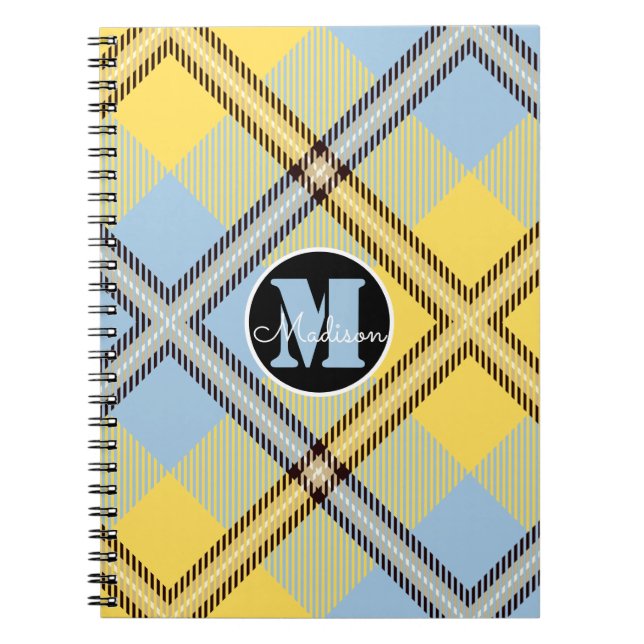 Chic Gult Blue Play Tartan Monogram Script Namn Anteckningsbok (Framsidan)