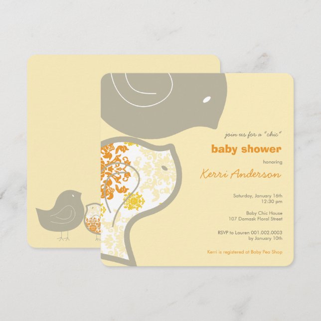 Chic Gult Damask Chick Baby Shower Party Inbjudan (Fram/baksida)