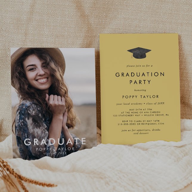 Chic Gult Grad Cap Photo Studentfest Inbjudningar (Skapare uppladdad)