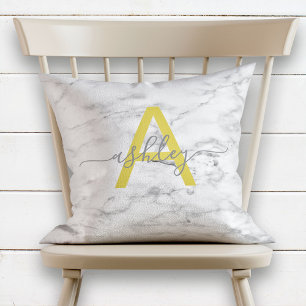 Chic Gult & Grått Marble Namn Monogram Kudde