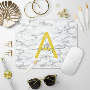 Chic Gult Grått White Marble Script Namn Monogram Musmatta