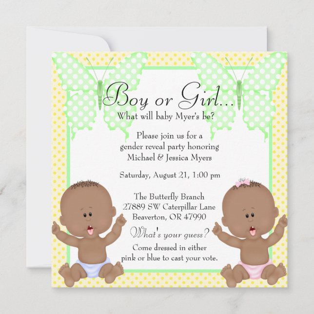 Chic Gult & Grönt Butterfly Gender Reveal Inbjudningar (Framsida)