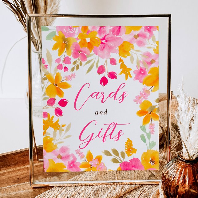 Chic gult rosa blommigt vattenfärgens möhippa  poster (Chic yellow pink floral watercolor bridal sign)
