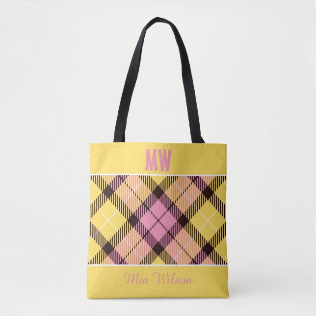 Chic Gult Rosa Play Tartan Personlig Namn Tygkasse (Framsida)