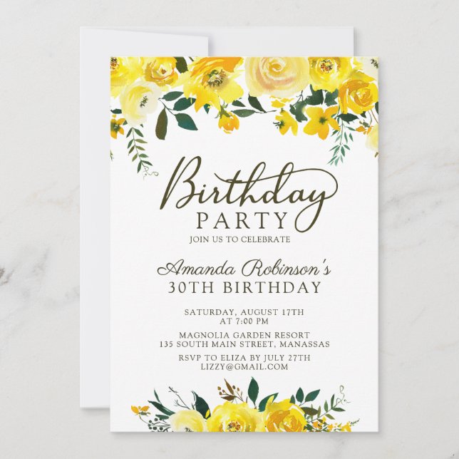 Chic Gult Watercolor Ro Blommigt 30års födelsedag Inbjudningar (Framsida)