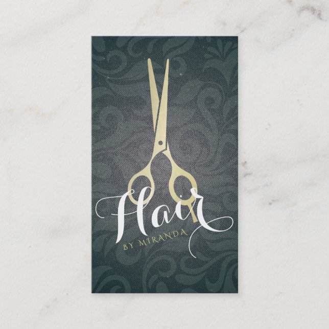 Chic Hair Stylist Black Guld Scissors Linen Damask Tidsbeställning Kort (Framsida)
