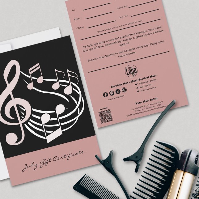 Chic Hairstylist Rosa juli Gift Certificate (Chic Hairstylist Pink July Gift Certificate, Logo, QR Code, Professional Tracking)