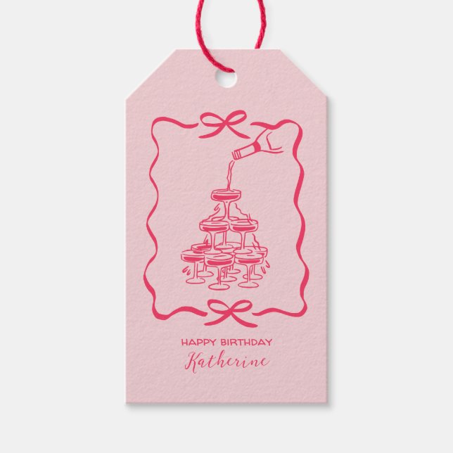 Chic Hand Drawn Pink Champagne Tower Birthday Presentetikett (Framsidan)
