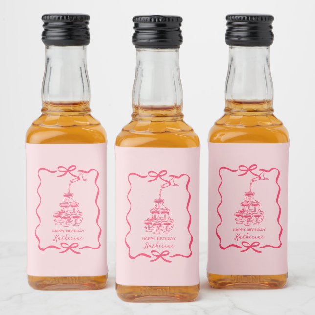 Chic Hand Drawn Pink Champagne Tower Birthday  Spritflaskor Etikett (Flaskor)