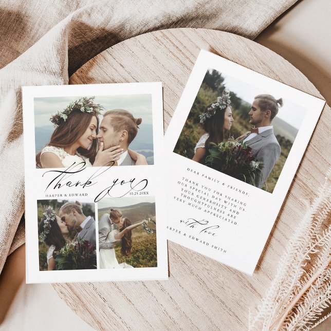 Chic Hand Lettered 4 Photo Bröllop Tack Kort (Skapare uppladdad)