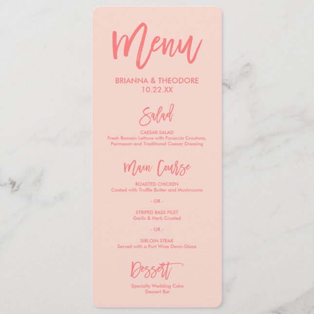 Chic Hand Lettered Bröllop Menu | Korall Meny (Framsida)