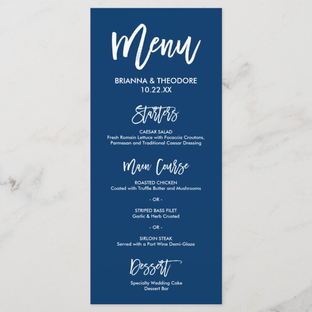 Chic Hand Lettered Bröllop Menu Navy Blue Meny (Framsida)