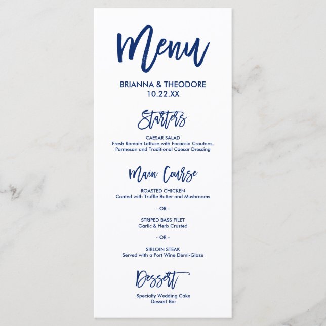 Chic Hand Lettered Bröllop Menu Navy Blue Meny (Framsida)