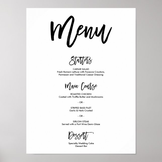Chic Hand Lettered Bröllop Menu Poster (Framsidan)