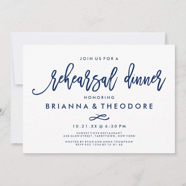 Chic Hand Lettered Bröllop Rehearsal Dinner Navy Inbjudningar (Framsida)