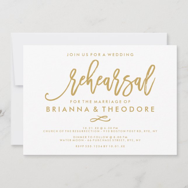 Chic Hand Lettered Bröllop Rehearsal Guld Inbjudningar (Framsida)
