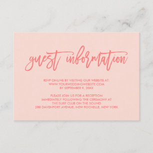 Chic Hand Lettered Coral Bröllop Guest Information Tilläggskort
